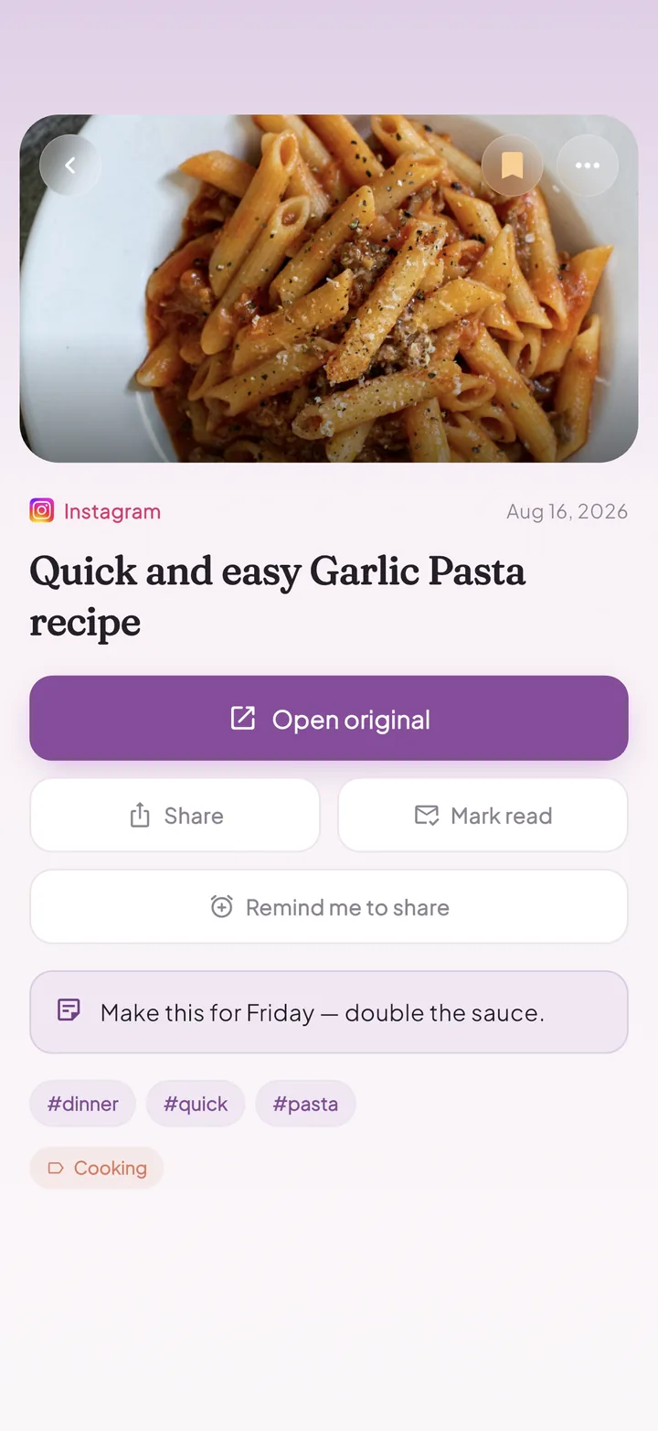 Furl save detail with note, tags and remind-me actions