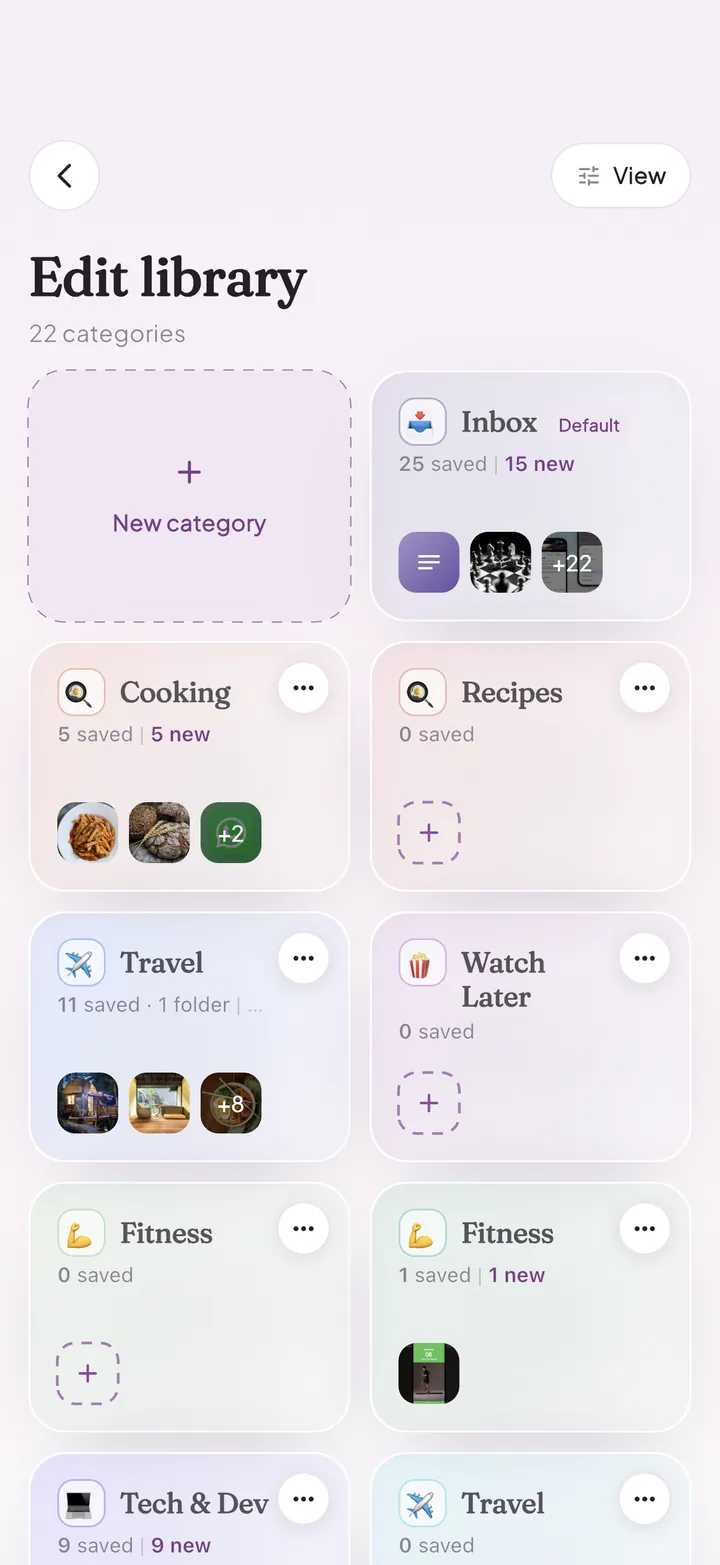 Furl folder overview with categories like Cooking, Travel, Watch Later and Fitness