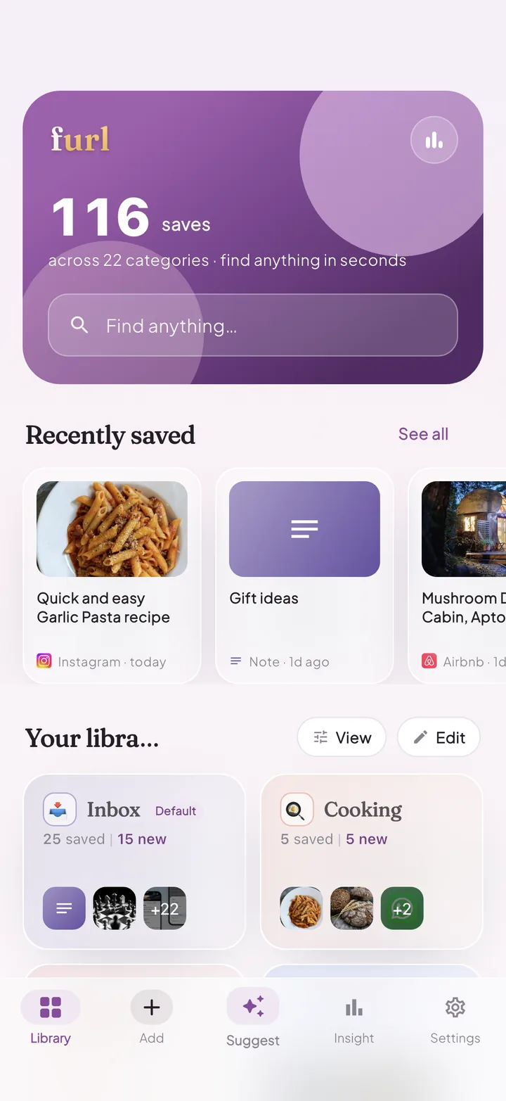 Furl home screen showing 116 saves, recently saved cards and library folders