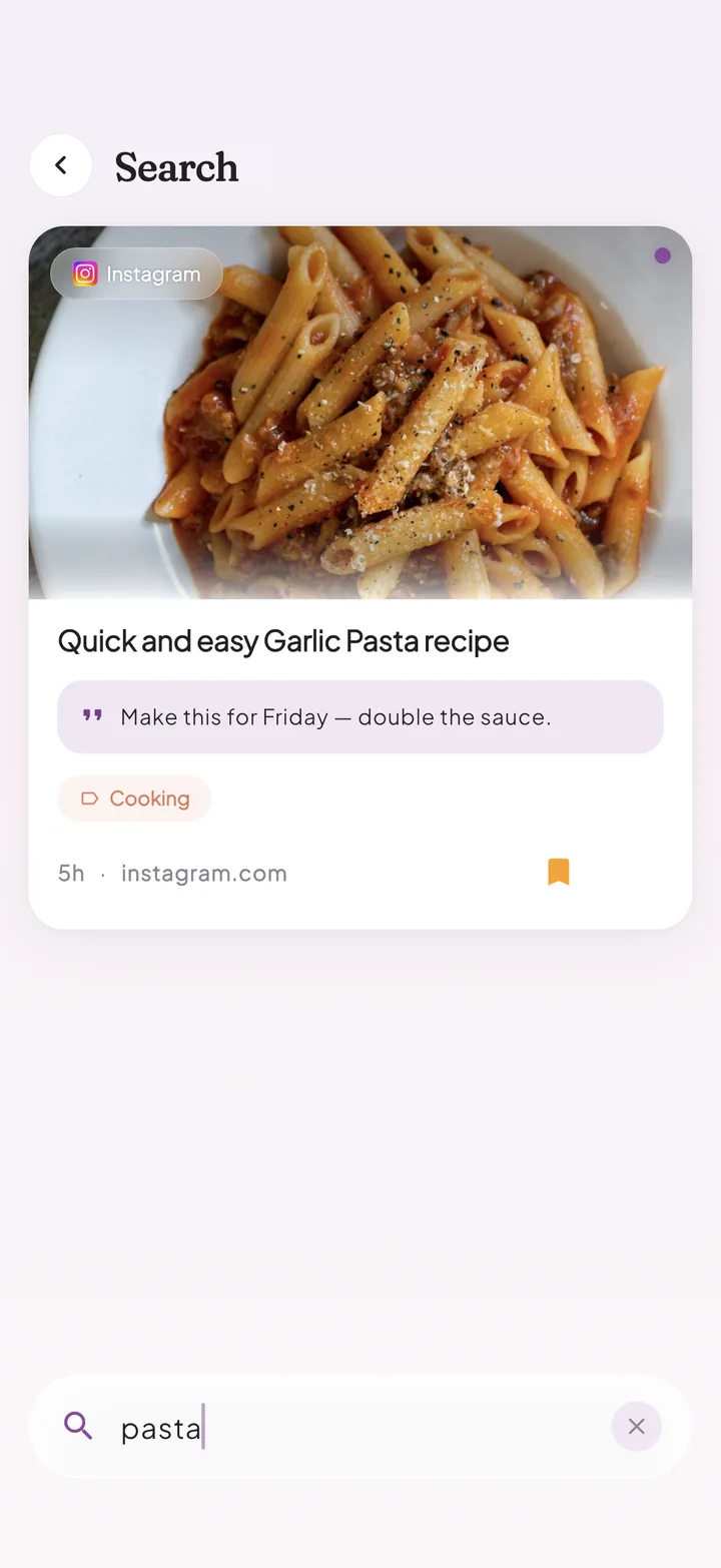 Furl search results for 'pasta' showing a saved garlic pasta recipe