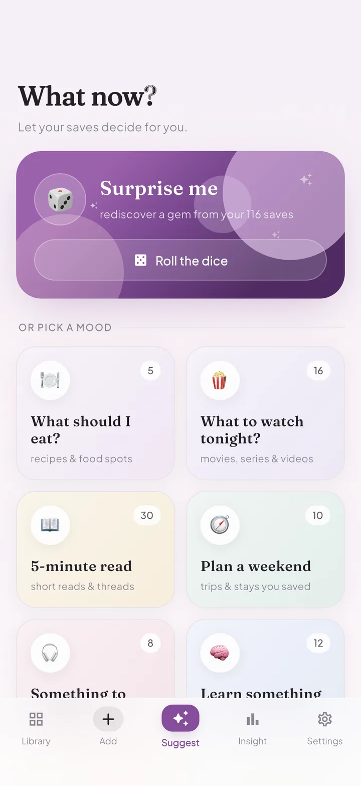 Furl's What now screen with Surprise me dice roll and mood cards
